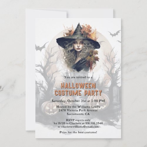 Witch In a Hat Black Cat Halloween Costume Party Invitation
