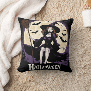 Witch in a spooky landscape under a full moon throw pillow