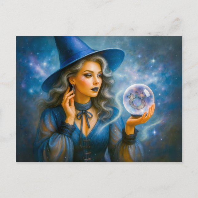 Witch in blue with crystal ball holiday postcard (Front)
