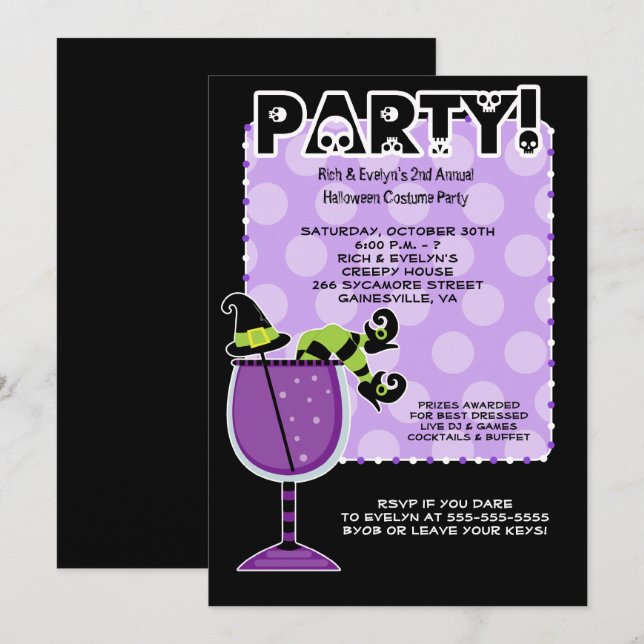 Witch in Cocktail Halloween Party 5x7 Invitation (Front/Back)