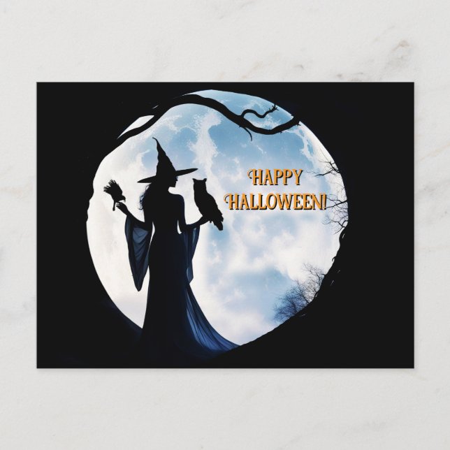 Witch in Full Moon Raven Owl Halloween Holiday Postcard (Front)