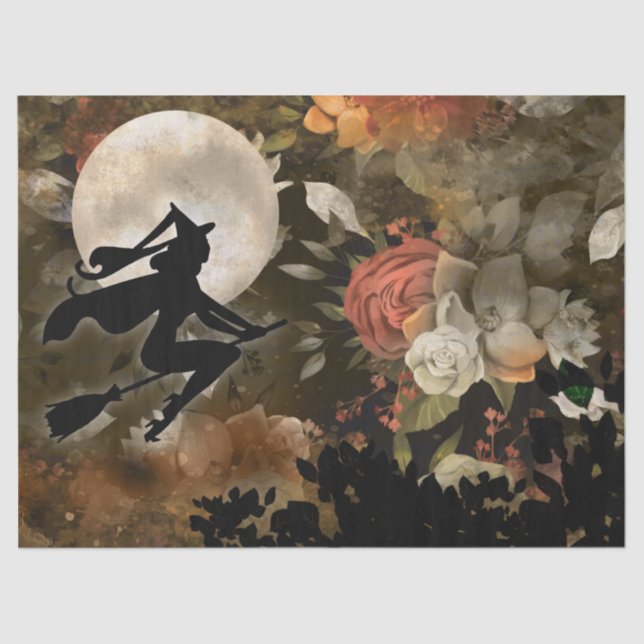 Witch in Halloween Moon Flowers Decoupage Tissue P Tissue Paper (Front)