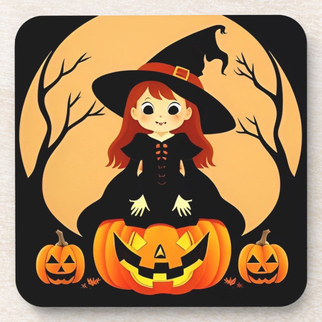 Witch in Halloween Setting with Pumpkins Beverage Coaster (Front)