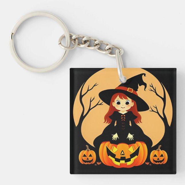 Witch in Halloween Setting with Pumpkins Keychain (Front)