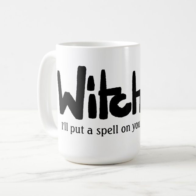 Witch in hand-lettered black ink saying coffee mug (Front Left)