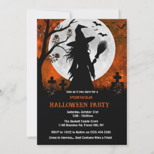 Witch in moonlit graveyard Halloween Party Invitation