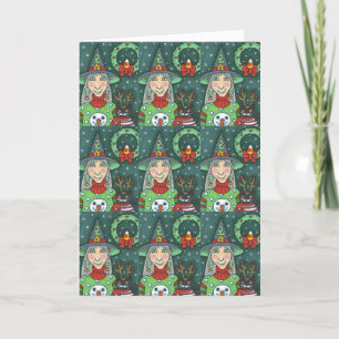WITCH IN SNOWMAN SWEATER, BLACK CAT XMAS HALLOWEEN CARD