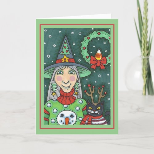 WITCH IN SNOWMAN SWEATER BLACK CAT XMAS HALLOWEEN CARD