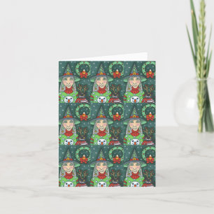WITCH IN SNOWMAN SWEATER, BLACK CAT XMAS HALLOWEEN CARD