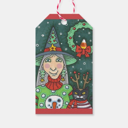 WITCH IN SNOWMAN SWEATER BLACK CAT XMAS HALLOWEEN GIFT TAGS