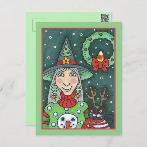 WITCH IN SNOWMAN SWEATER BLACK CAT XMAS HALLOWEEN HOLIDAY POSTCARD