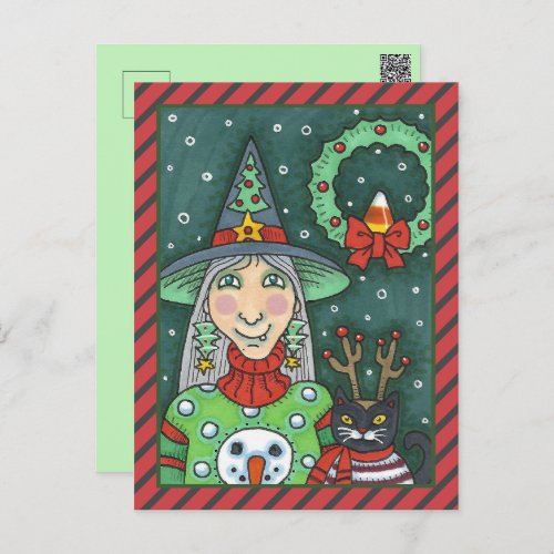 WITCH IN SNOWMAN SWEATER BLACK CAT XMAS HALLOWEEN HOLIDAY POSTCARD