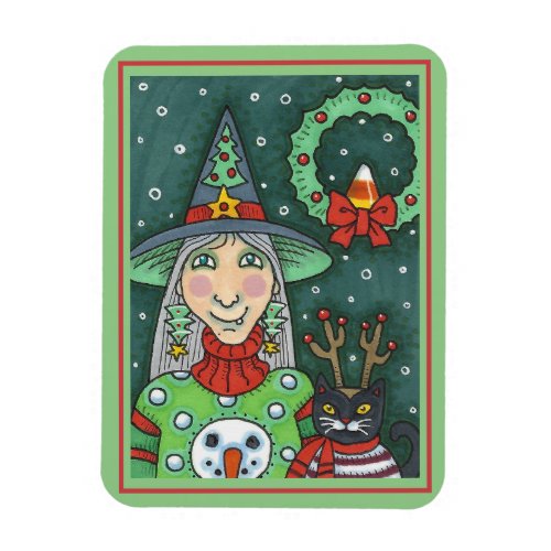 WITCH IN SNOWMAN SWEATER BLACK CAT XMAS HALLOWEEN MAGNET