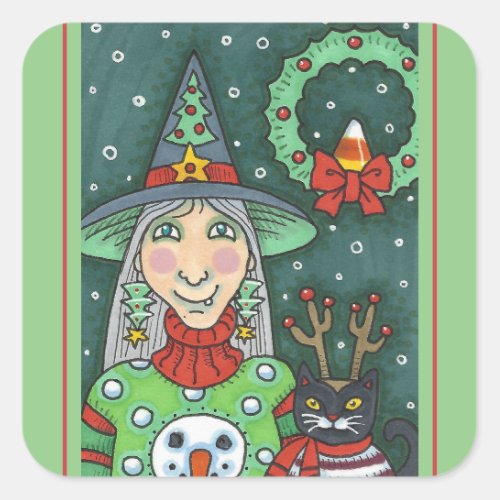 WITCH IN SNOWMAN SWEATER BLACK CAT XMAS HALLOWEEN SQUARE STICKER