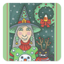 WITCH IN SNOWMAN SWEATER, BLACK CAT XMAS HALLOWEEN