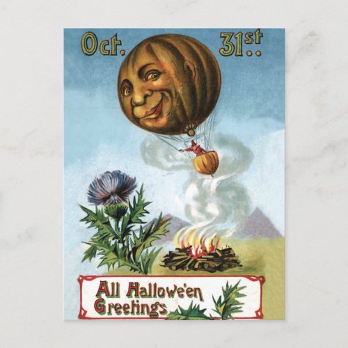 Witch is Flying in Hot Air Balloon Pumpkin Postcard