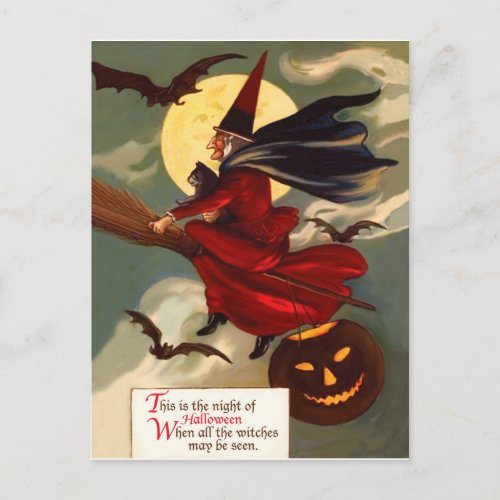 Witch is flying on her broom in Halloween night Postcard