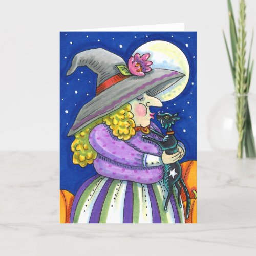 WITCH IS SMITTEN WITH KITTEN BLACK CAT KISS Blank Holiday Card