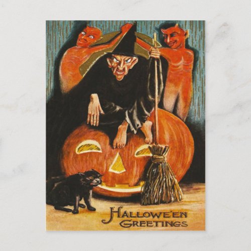 Witch Jack O Lantern Devil Demon Black Cat Postcard