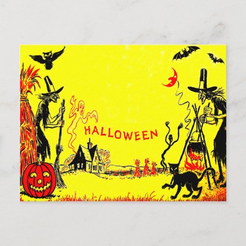 Witch Jack O Lantern Owl Ghost Haunted House Postcard