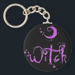 Witch Keychain<br><div class="desc">Show your Pagan Pride with this very cute Witch design in bright pink with lots of stars sparkling!</div>