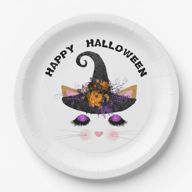Witch Kitty Face Halloween Paper Plates (Front)