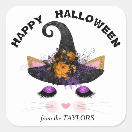 Witch Kitty Face Halloween Square Sticker