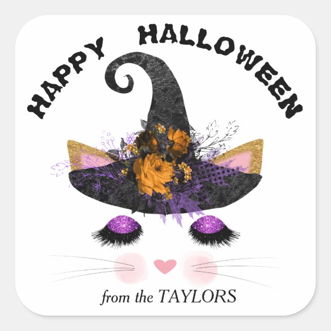 Witch Kitty Face Halloween Square Sticker (Front)