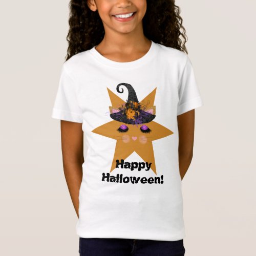 Witch Kitty Face on Star Halloween T_Shirt