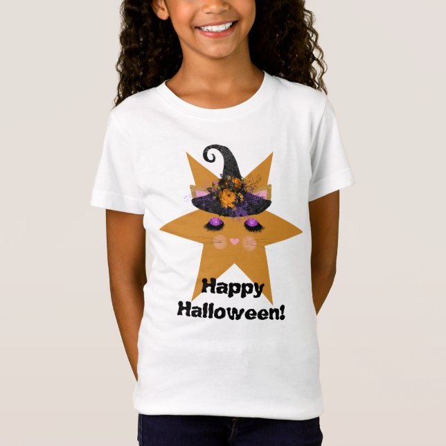 Witch Kitty Face on Star Halloween T-Shirt (Front)