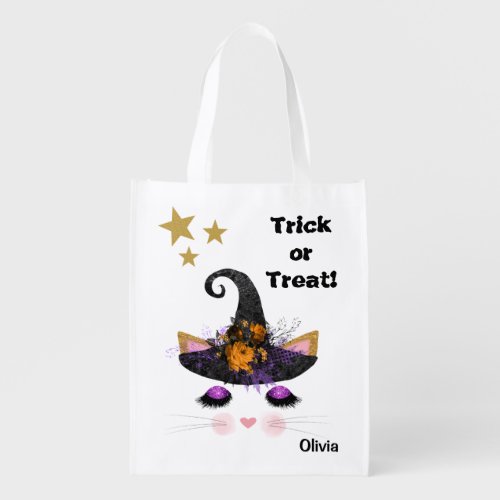 Witch Kitty Faces Halloween Trick or Treat Grocery Bag