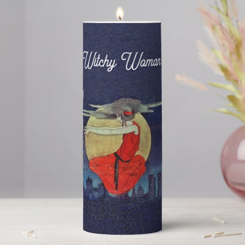 Witch Lady in Red Floating in Sky over City Blue Pillar Candle