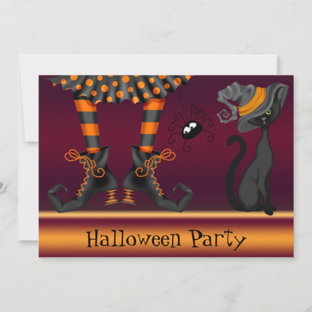 Witch Legs, Cat and Spider Halloween Party Invitation (Front)