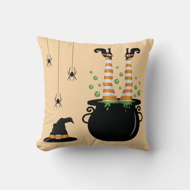 Witch Legs Coming Out Of A Cauldron Halloween Throw Pillow (Front)