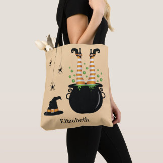 Witch Legs In A Cauldron And Custom Name Halloween Tote Bag