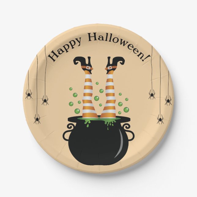 Witch Legs Sticking Out Of A Cauldron Halloween Paper Plates (Front)