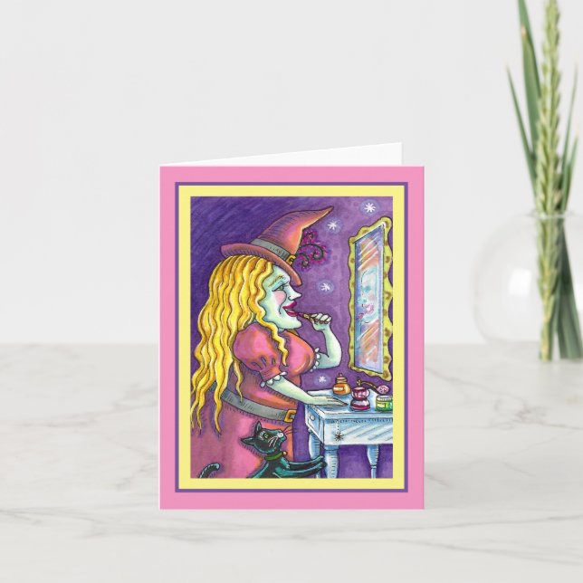 WITCH LIPSTICK, PERFUME & NAIL POLISH, FUNNY Blank Holiday Card (Front)