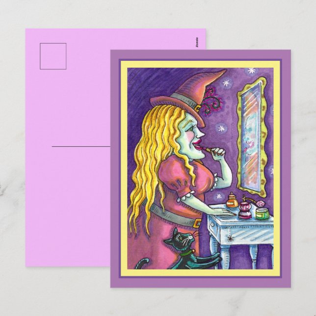 WITCH LIPSTICK, PERFUME & NAIL POLISH, FUNNY CUTE HOLIDAY POSTCARD (Front/Back)