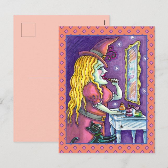 WITCH LIPSTICK, PERFUME & NAIL POLISH, FUNNY CUTE HOLIDAY POSTCARD (Front/Back)