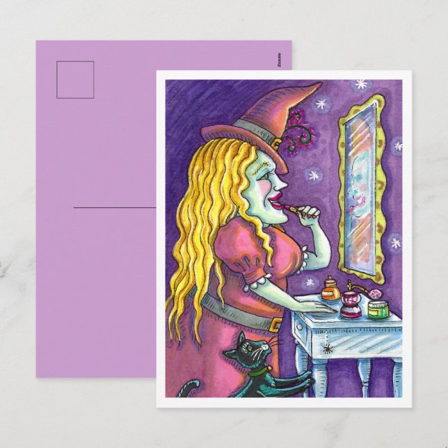 WITCH LIPSTICK, PERFUME & NAIL POLISH, FUNNY CUTE HOLIDAY POSTCARD (Front/Back)