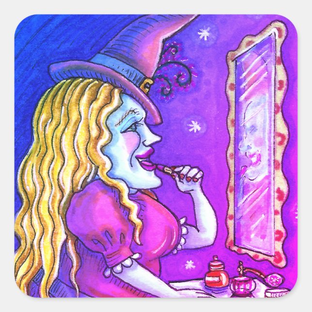 WITCH LIPSTICK, PERFUME & NAIL POLISH, FUNNY CUTE SQUARE STICKER (Front)