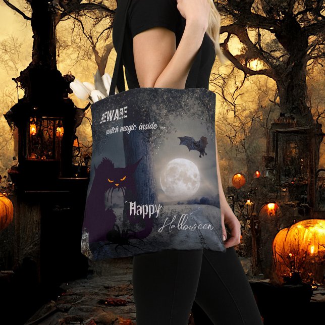 Witch Magic Haunted Halloween Black Cat  Tote Bag (Haunted Halloween tote bag featuring a night landscape with black cat, a spider and bat at full moon)