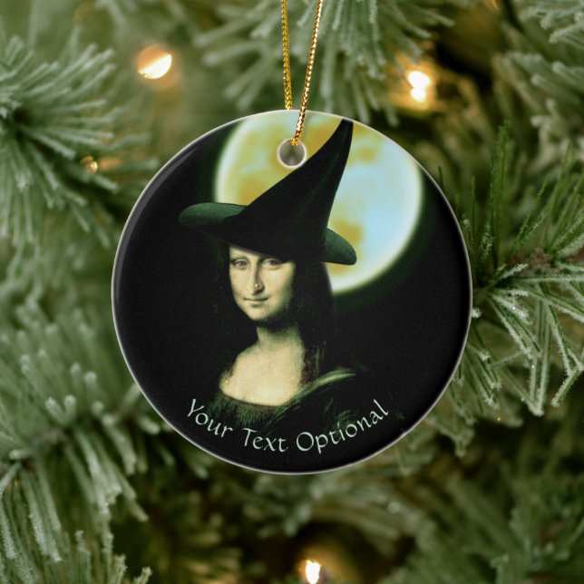 Witch Mona Lisa Halloween Full Moon Ceramic Ornament (Tree)