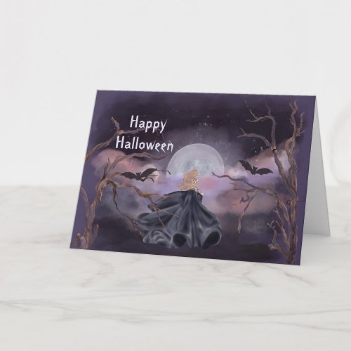 Witch Moon Bat Trees Halloween  Card