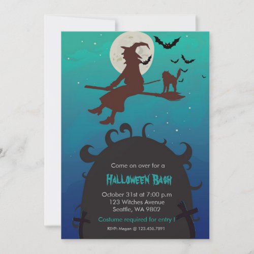 Witch n cat on a broom _ halloween party invite
