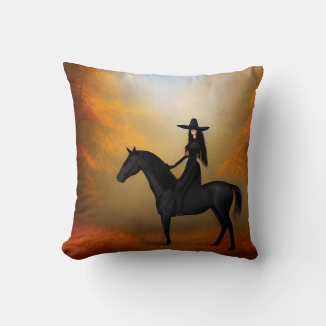 Witch on a Black Horse in Autumn Throw Pillow (Front)