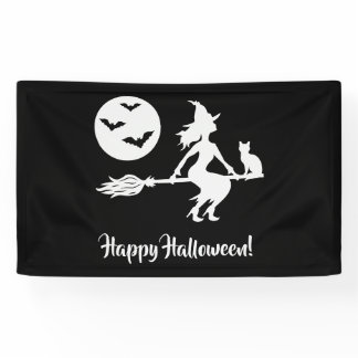 Witch On A Broom Black And White Happy Halloween Banner