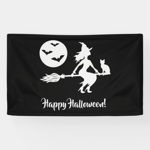 Witch On A Broom Black And White Happy Halloween Banner