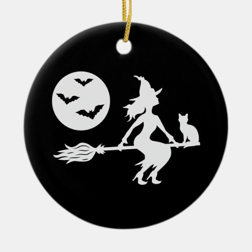 Witch On A Broom Black And White Happy Halloween Ceramic Ornament