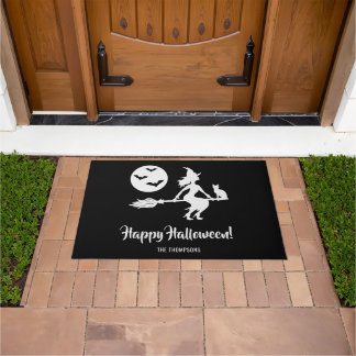 Witch On A Broom Black And White Happy Halloween Doormat